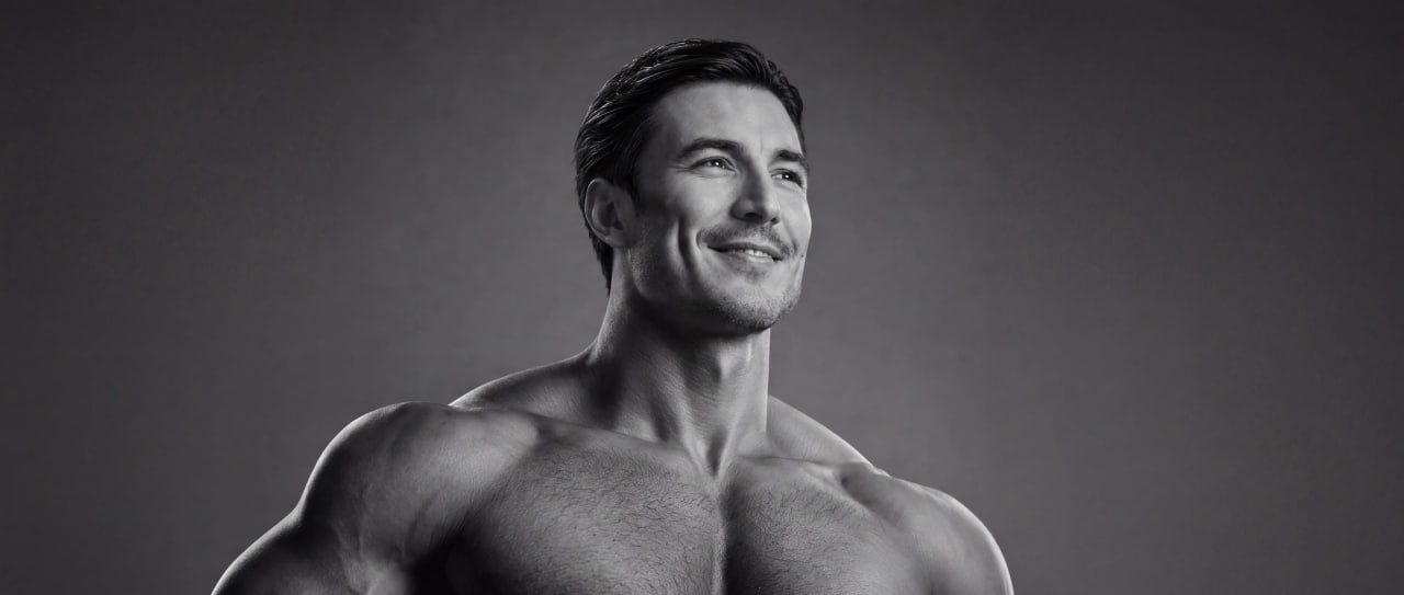 Giga Tenev, in black and white, chin up, both shoulders in frame