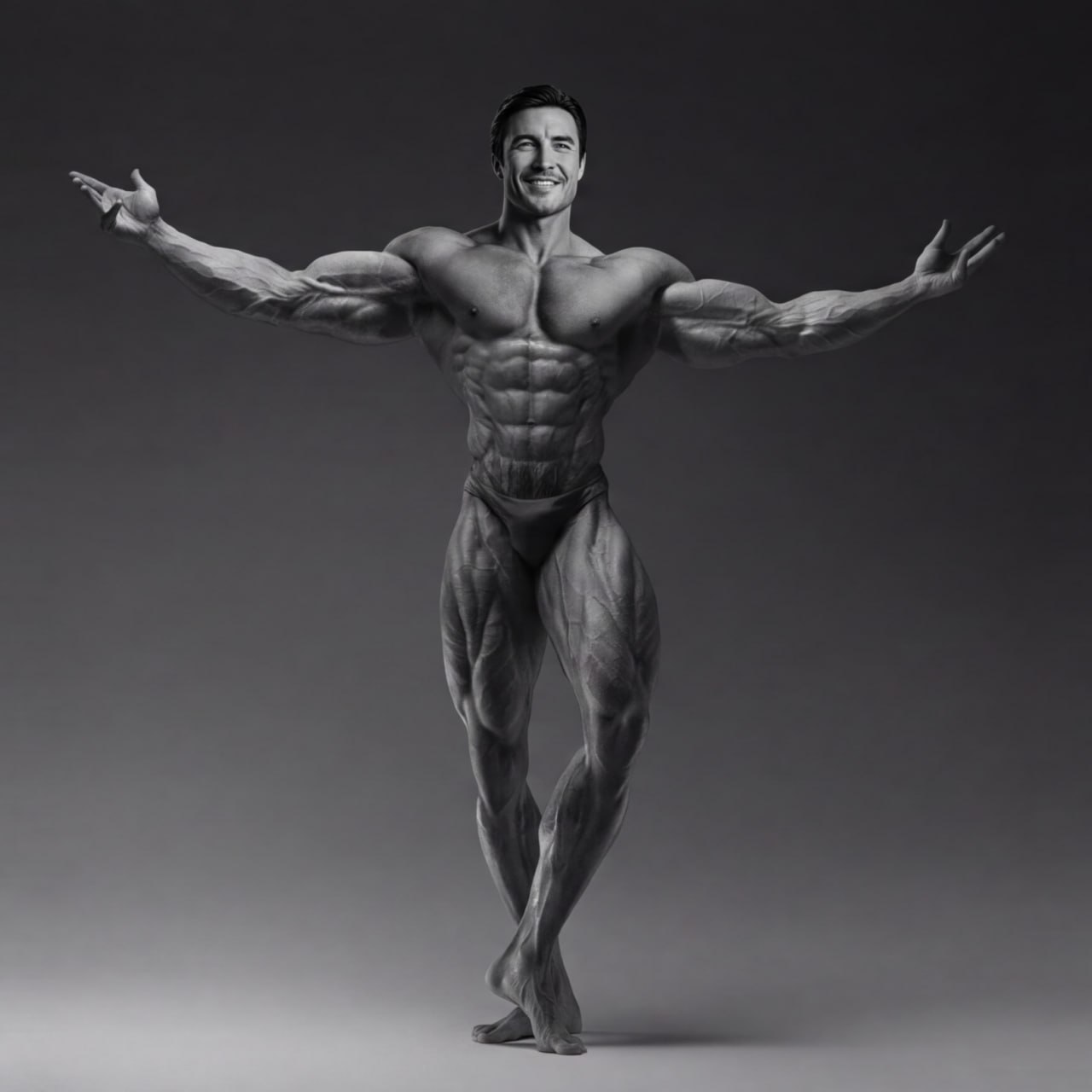 Giga Tenev, full pose, arms out, black and white
